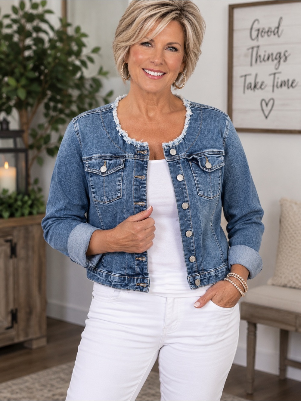 Women's Light Blue Denim Jean Jacket with Frayed Neckline